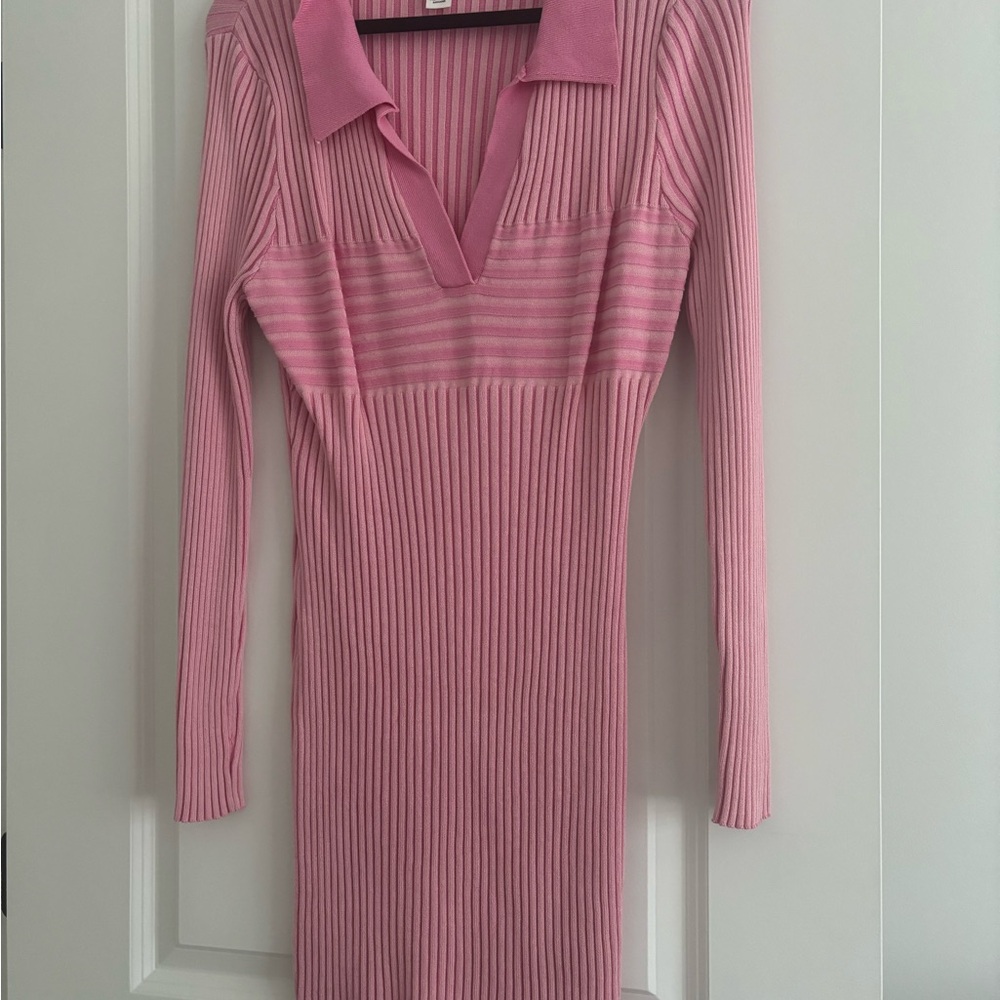 H&M Pink Ribbed Bodycon Dress with Polo Collar